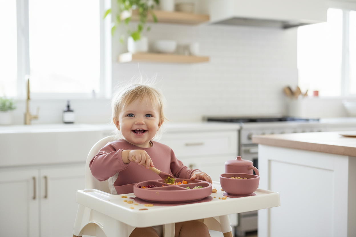 Toddler in high chair eating from mauve silicone dinner set
