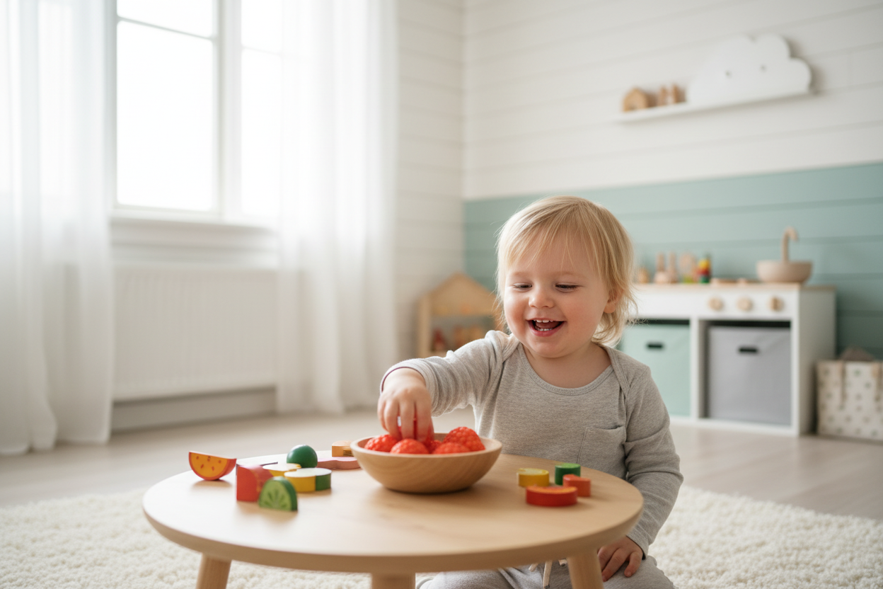 Child playing with 3D printed raspberry toys in playroom