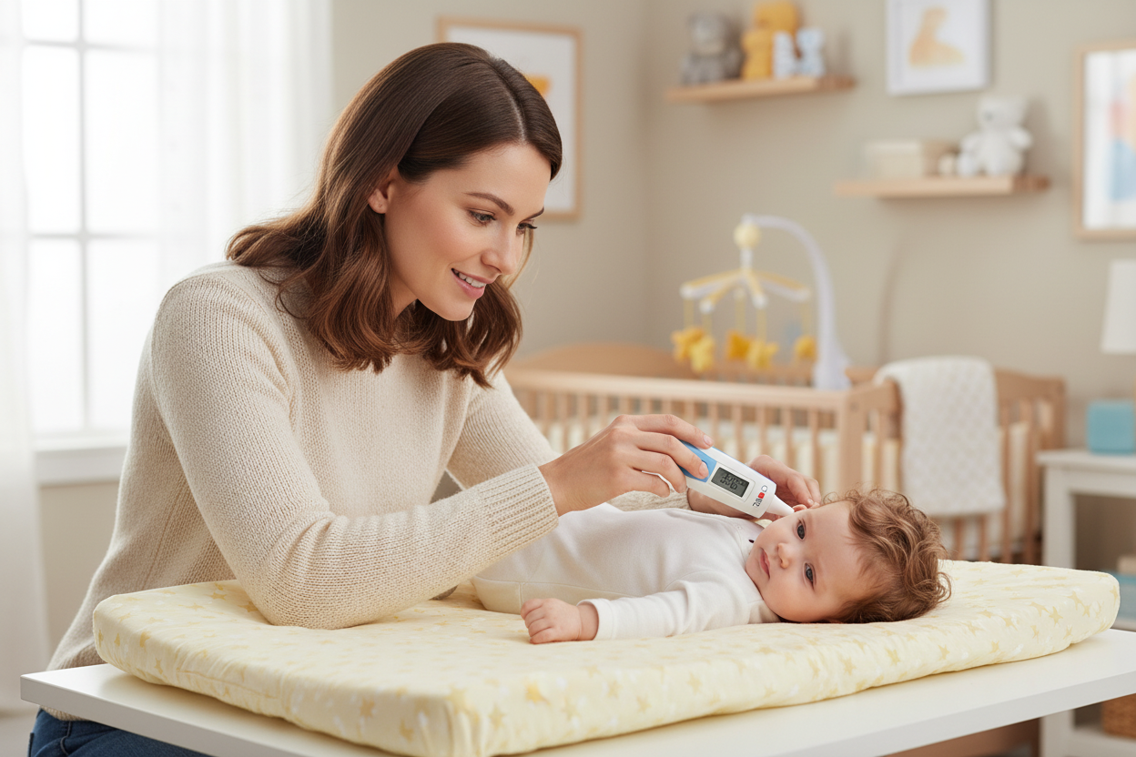 Mum taking infant's temperature with digital ear thermometer
