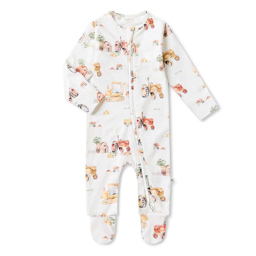 Diggers and Tractors Organic Snuggle Sleepsuit Zip Footie